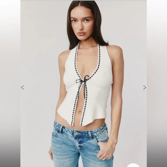 With Jean Gigi top in White Sleeveless Knit Top with Black Trim - Picture 2 of 7